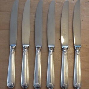 6 Ravinet Denfert stainless steel and silver metal table knives Louis XV shell +