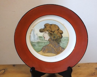 Plato de porcelana antigua pintada, retrato de Sarah Bernhardt
