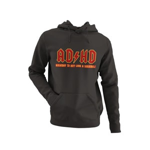 Może przedstawiać: Czarna bluza z kapturem z czerwono-żółtym nadrukiem, na którym widnieje napis "ADHD Highway to hey look a squirrel!"