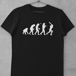 Evolution Of Cricket T Shirt from ape through prehistoric man to cricket player batting