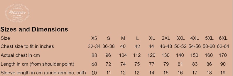 May include: Size chart for clothing with measurements in inches and centimeters. The chart shows sizes from XS to 6XL with corresponding chest measurements, length, and sleeve length.