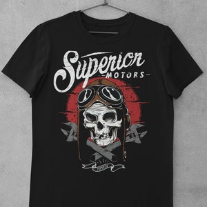 Superior Motors Biker T Shirt Skull With Racing Hat and Goggles Distressed Vintage Design