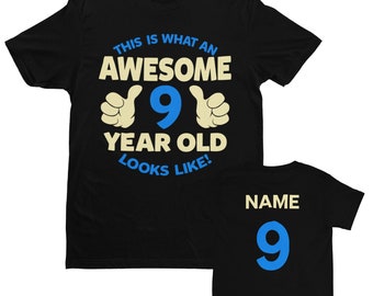 PERSONALISED Boys 9th Birthday T Shirt This Is What An Awesome 9 Year Old Looks Like  pointing thumbs design NAME on BACK