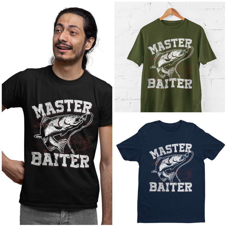 May include: A black, olive green, and navy blue short-sleeve t-shirt collection featuring a graphic of a fish on a fishing line. The design includes the white distressed text "MASTER BAITER" printed above and below the fish illustration.