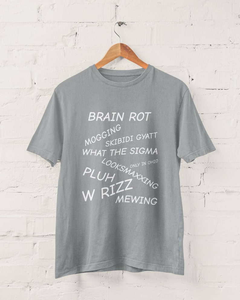 May include: A gray t-shirt with white text that reads "BRAIN ROT", "MOGGING", "SKIBIDI GYATT", "WHAT THE SIGMA", "ONLY IN OHIO", "LOOKSMAXXING", "PLUHZZ", "W RIZZ", and "MEWING".