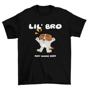 Personalised Boys Little Brother T-Shirt Lil Bro with cartoon dog graphic and name added to front of the shirt fun gift ideas for brothers