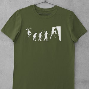 Evolution Of Rock Climbing T Shirt from ape through prehistoric man to climber climbing a cliff