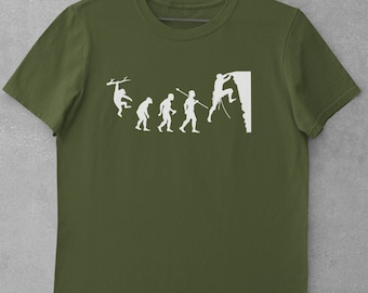 Evolution Of Rock Climbing T Shirt from ape through prehistoric man to climber climbing a cliff