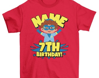 Camiseta personalizada de super-herói para 7º aniversário: camiseta com nome personalizado