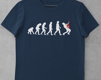 Evolution Of Guitar T Shirt from ape through prehistoric man to modern man rocking guitar
