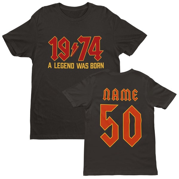 PERSONALISED 50th Birthday T Shirt 2024 Shirt 1974 A Legend Was Born heavy metal rock style with custom name and age back print BY36