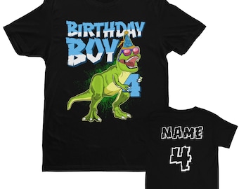 GEPERSONALISEERDE jongens 4e verjaardag dinosaurus T-shirt met naam en leeftijd op achterkant partij T-Rex dinosaurus met nummer vier