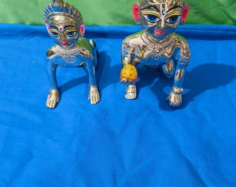 Conjunto de figuras de latón de Radha y Krishna: Radha de 16,5 cm y Krishna de 20 cm. Hecho a mano en Vrindavan / Ídolo sagrado de Spiritual Vrindavan Export