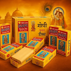 May include: A collection of yellow boxes and rectangular blocks of Gopi Chandan Tika, a traditional Indian cosmetic. The boxes feature illustrations of deities and text in English and Hindi. Lit candles and a peacock feather add to the spiritual ambiance.