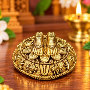Puede incluir: Una figura de metal en tono dorado que presenta un par de pies sobre una base circular. La base está decorada con intrincados patrones florales y pequeños símbolos en relieve, incluyendo una marca en forma de U, una rueda y una concha.