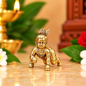 Mini mässingskrypande Laddu Gopal Idol, Bal Krishna Murti, Baby Krishna Statue, Small Hindu Pooja Idol, Krishna Gift Temple Decor