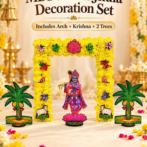 Krishna Mandir-dekoration med gul ros, blombåge med lotus, Janmashtami Pooja-bakgrund, Vrindavan-tempeldekor
