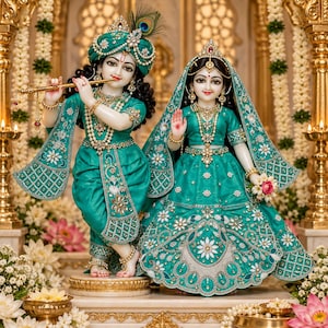 Radha Krishna klänningsset, blågrönt silverbroderat gudomskläder, Thakur Ji Poshak, handgjord Vrindavan tempelklänning