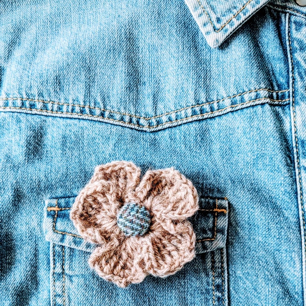 Wool Flower Brooch - crocheted with pure North Ronaldsay wool & a Harris Tweed button. Handmade Scottish gift.
