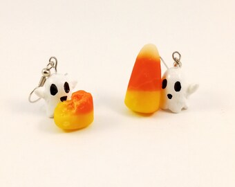 Clay Little Ghost Earrings for Halloween, handmade jewelry, spooky earrings, lightweight and unique
