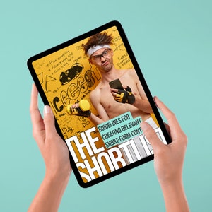 Pode incluir: Um tablet mostrando um gráfico amarelo e preto com o texto "THE SHORTLIST" e "GUIDELINES FOR CREATING RELEVANT SHORT-FORM CONTENT". O gráfico apresenta um homem com uma faixa de cabeça e óculos segurando um haltere e um telefone móvel.