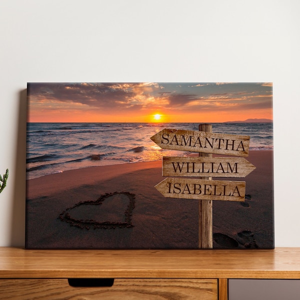 Personalized Family Names Canvas Poster, Beach Sea Sunset Scenery Signpost Heart Picture, Gift Mom Wife Anniversary Wedding Custom Print