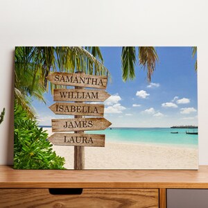 Personalized Family Names Canvas Poster, Tropical Blue Sea Beach Palm Trees Signpost, Picture Gift Mom Wife Wedding Anniversary Custom Print