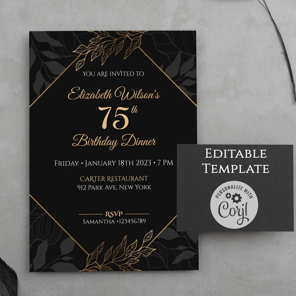 Editable Birthday Invitation Template, Black and Gold Birthday Dinner Invite, Instant Download, Printable or Digital, Elegant DIY Bday Party