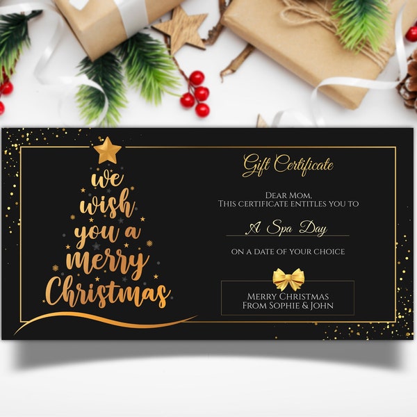 Editable Christmas Gift Certificate Template, Instant Download, Black and Gold Glitter Voucher Printable, Luxury Elegant Coupon Card Digital