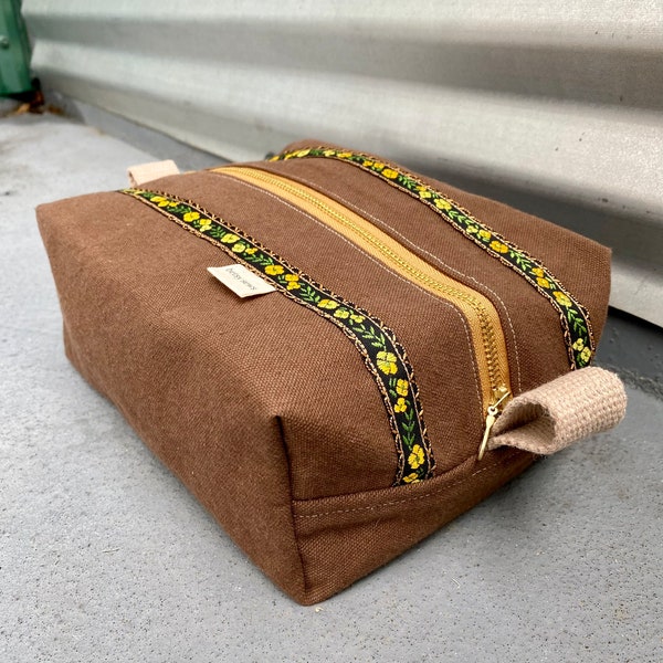 Brown Canvas with Vintage Yellow Floral Ribbon and Surprise Happy Yellow Lining