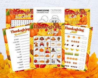 Thanksgiving Games Bundle, Instant Download, 6 Printable Games, Turkey Day Kids Table Activities, Classroom School Party