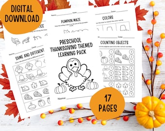 Thanksgiving Preschool Learning Bundle, Instant Download, 17 Printable Worksheets, Turkey Day Kids Activities, Classroom School Party PDF