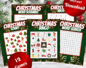 Christmas Games Bundle, Instant Download, 12 Printable Games, Xmas Day Kids Table Activities, Classroom School Party PDF