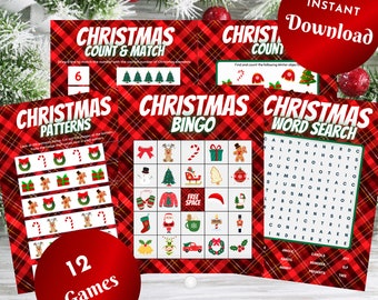 Christmas Games Bundle, Instant Download, 12 Printable Games, Xmas Day Kids Table Activities, Classroom School Party PDF