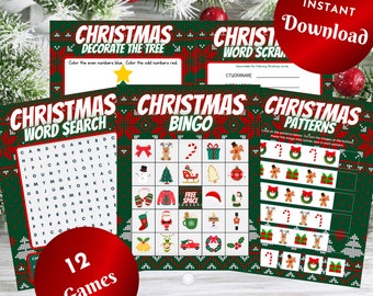 Christmas Games Bundle, Instant Download, 12 Printable Games, Xmas Day Kids Table Activities, Classroom School Party PDF