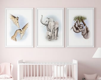 Safari Nursery Prints Set of 3 | Gender Neutral Nursery Art | Nursery Safari Decor | Kids Wall Art | Safari Animals Nursery Art 3 Prints