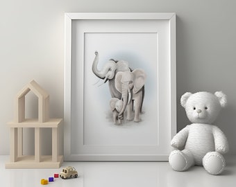 Nursery Elephant Family Digital Download | Elephant Themed Wall Art | Printable Elephant Decor | Digital Download for Nursery Room Art