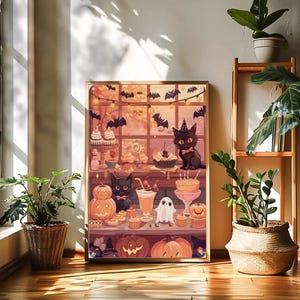 Könnte beinhalten: Ein rechteckiger Wandkunstdruck mit einer warmen Halloween-Szene, die zwei schwarze Katzen, ein kleines weißes Gespenst, geschnitzte Kürbisse, Cupcakes und einen Milchshake vor einem Fenster mit Lichterketten und Fledermäusen zeigt.