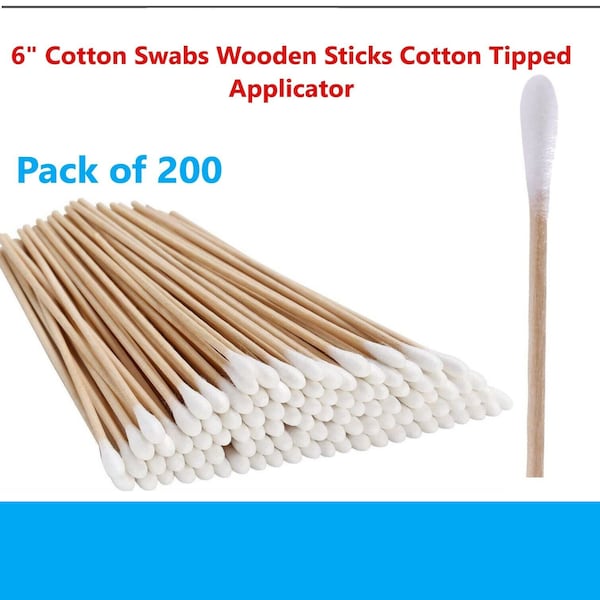 200pc Cotton Swabs Swab Q-tips 6" Long Wood Wooden Handle Cleaning Applicators, Sealed in Paper Pouch