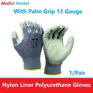 May include: A pair of gray polyurethane gloves with a nylon liner. The gloves have a textured palm grip and are labeled "13 Gauge" and "PYRAMEX 401 M/8".