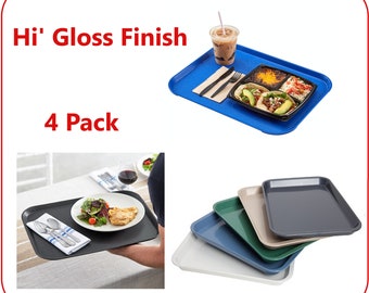 Hi Gloss Finish Plastic Serving Trays (4 Pack) Assorted Colors  9-5/8" x 7/8" x 13-1/2", Heat Washable 250F Degrees