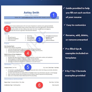 以下が含まれることがあります： ジュニアデータアナリスト向けの番号付きセクションを持つ履歴書テンプレート。テンプレートには、履歴書の各セクションの記入に関するヒントと例が含まれています。テンプレートはカスタマイズが簡単で、事前に記入されたヒントと例が含まれています。