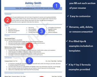 May include: A resume template with numbered sections for a Junior Data Analyst. The template includes tips and examples for filling out each section of the resume. The template is easy to customise and includes pre-filled tips and examples.