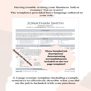 May include: A two-page resume template with example sentences to effectively describe what you did on the job. The template includes a summary, skills, experience, and education sections. The template is designed for business analysts.