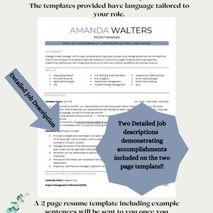 May include: A two-page resume template for project managers, with a sample summary and skills section. The template includes a detailed job description section with examples of accomplishments. The text "Two Detailed Job Descriptions Demonstrating Accomplishments Included on the Two Page Template!!" is highlighted in a blue star shape.