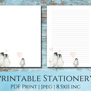 Printable Penguin stationery, animal stationery, watercolor stationery, notebook paper, journal paper, cute stationery, love stationery,