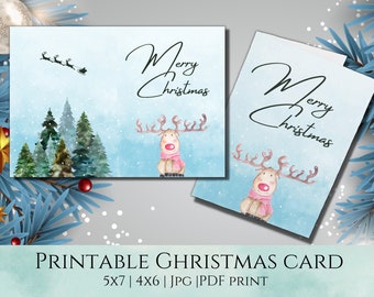 Printable Christmas card, Watercolor greeting card, reindeer christmas card, instant download, Merry christmas card