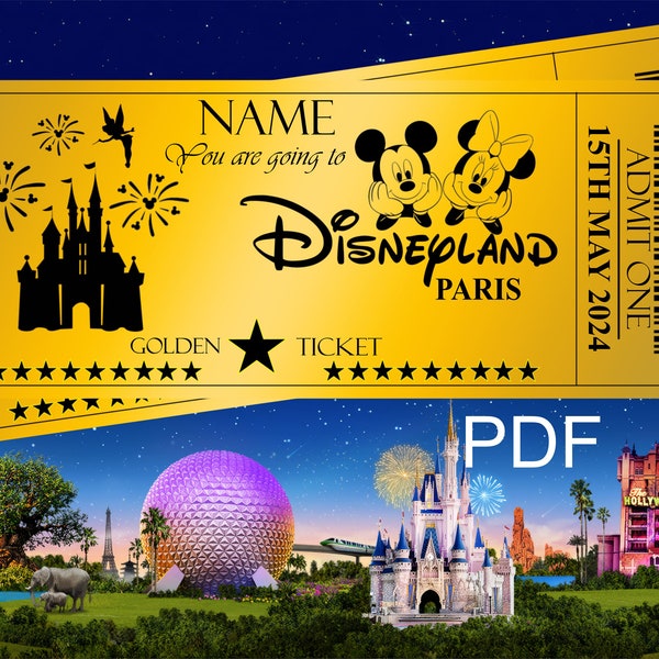 DISNEYLAND, Parijs, Gouden, Goudeffect, Digitaal, bewerkbaar, download, ticket, voucher, vakantie, vakantie