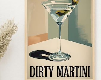 Cocktailtryck med smutsig Martini | Retro barväggkonst | Digital nedladdning | Utskrivbar drinkaffisch | Minimalistisk cocktaildekor