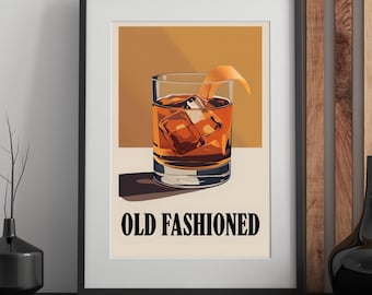 Old Fashioned Cocktail Print | Retro Bar Wall Art | Digital Download | Printable Drink Poster | Minimalist Cocktail Decor